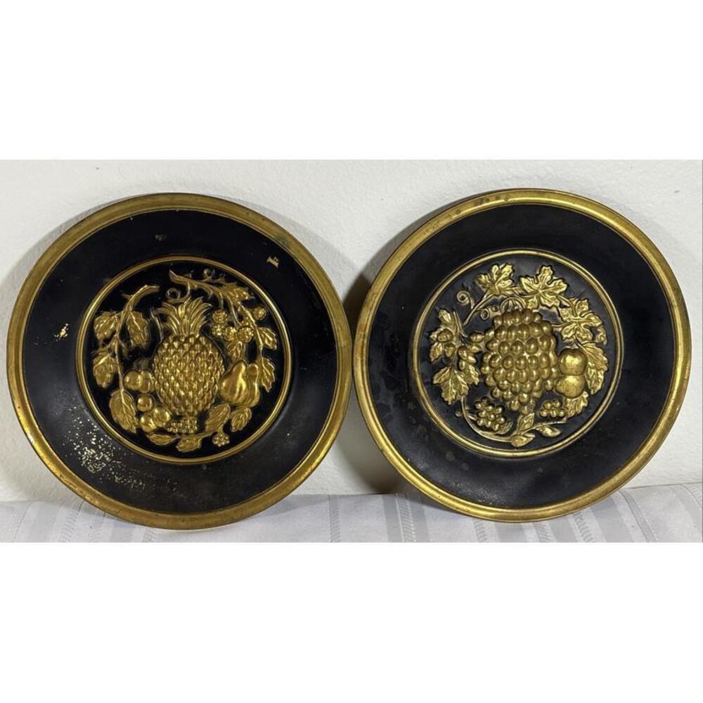 Pair Vintage 10” Brass Wall Plates Pineapple & Grapes Black Enamel Made England